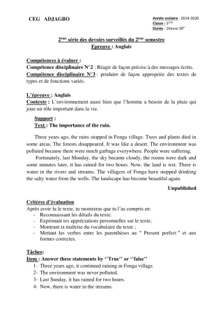 Première page de Anglais 5e, 4e, 4e ML — 2e devoir surveillé, 2e semestre (2019-2020) · CEG ADJAGBO