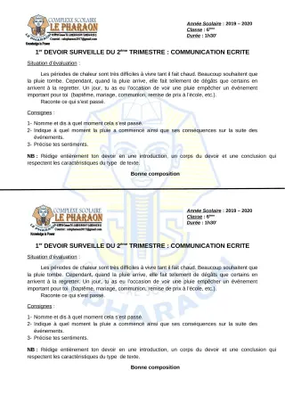 Première page de Français 6e — 1er devoir surveillé, 2e trimestre (2019-2020) · CPEG LE PHARAON
