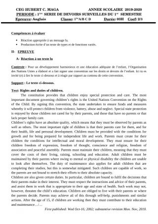 Première page de Anglais 1ère A1, 1ère A2, 1ère B, 1ère C, 1ère D — 1er devoir surveillé, 1er semestre (2019-2020) · CEG Hubert C. MAGA