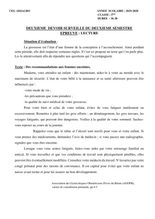 Première page de Français 5e — 2e devoir surveillé, 2e semestre (2019-2020) · CEG ADJAGBO