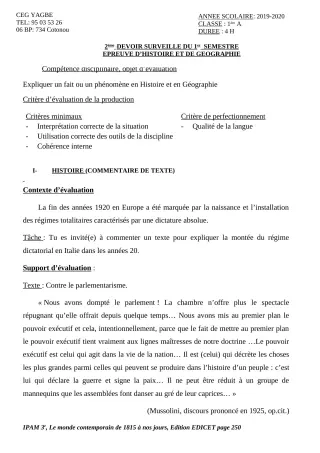 Première page de Histoire-Géographie 1ère A2 — 2e devoir surveillé, 1er semestre (2019-2020) · CEG Yagbe