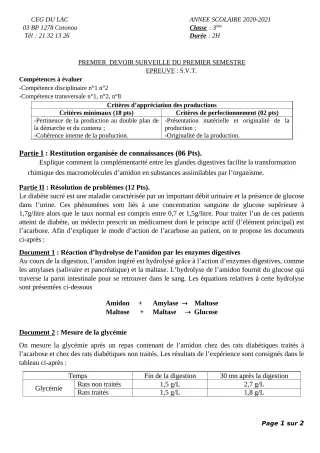 Première page de SVT 3e, 3e ML — 1er devoir surveillé, 1er semestre (2020-2021) · CEG du Lac