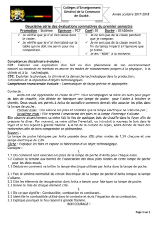 Première page de PCT 6e — 2e évaluation sommative, 1er semestre (2017-2018) · CEG C.P de Dompago