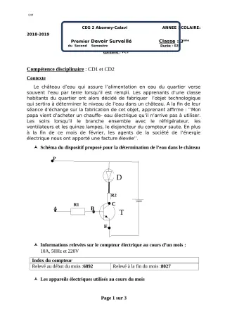 Première page de PCT 3e, 3e ML — 1er devoir surveillé, 2e semestre (2018-2019) · CEG2 ABOMEY - CALAVI (CEG ZOCA)