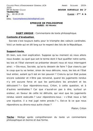 Première page de Philosophie 2nde A2, 2nde B — Devoir surveillé, 1er trimestre (2019-2020) · CPEG LICA