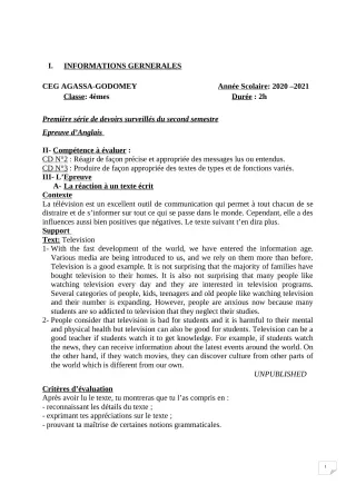 Première page de Anglais 4e — 1er devoir surveillé, 2e semestre (2020-2021) · CEG Agassa Godomey