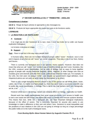 Première page de Anglais Tle C, Tle D — 1er devoir surveillé, 1er trimestre (2019-2020) · CPEG LE PHARAON