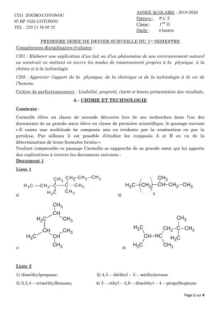 Première page de PCT 1ère D — 1er devoir surveillé, 1er semestre (2019-2020) · CEG ZOGBO