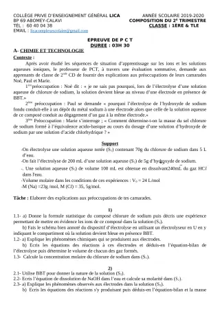 Première page de PCT 2nde C, 2nde D — Évaluation sommative, 2e trimestre (2019-2020) · CPEG LICA