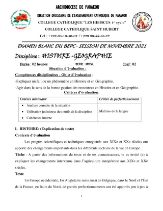 Première page de Examen Blanc de HIST-GEO — 3e — Hibiscus 1er cycle (2021)