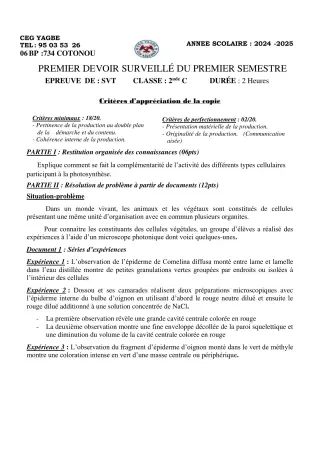 Première page de SVT 2nde C — 1er devoir surveillé, 1er semestre (2024-2025) · CEG Yagbe