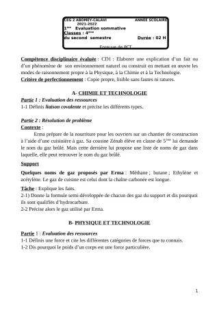 Première page de PCT 4e — 1re évaluation sommative, 2e semestre (2021-2022) · CEG2 ABOMEY - CALAVI (CEG ZOCA)