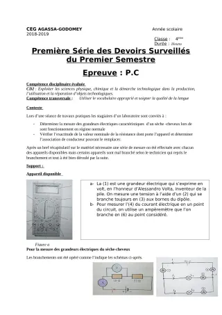 Première page de PCT 4e — 1er devoir surveillé, 1er semestre (2018-2019) · CEG Agassa Godomey