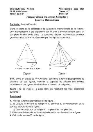 Première page de Mathématiques 4e ML — 1er devoir surveillé, 2e semestre (2020-2021) · CEG Kouhounou-Vêdoko