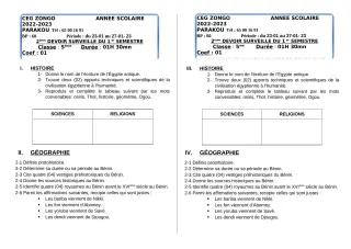 Première page de Histoire-Géographie 5e — 2e devoir surveillé, 1er semestre (2022-2023) · CEG ZONGO