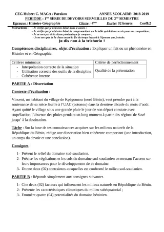 Première page de Histoire-Géographie 4e, 4e ML — 1er devoir surveillé, 2e semestre (2018-2019) · CEG Hubert C. MAGA