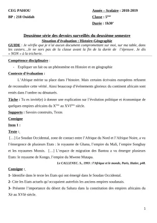 Première page de Histoire-Géographie 5e — 2e devoir surveillé, 2e semestre (2018-2019) · CEG PAHOU