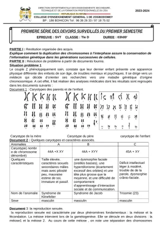 Première page de SVT Tle D — 1er devoir surveillé, 1er semestre (2023-2024) · CEG 1 ZOGBODOMEY
