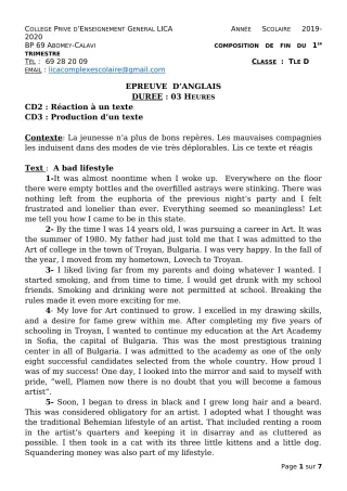 Première page de Anglais 3e, 3e ML, Tle C, Tle D — Composition (2019-2020) · CPEG LICA