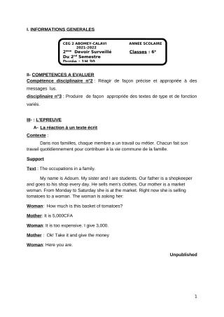 Première page de Anglais 6e — 2e devoir surveillé, 2e semestre (2021-2022) · CEG2 ABOMEY - CALAVI (CEG ZOCA)