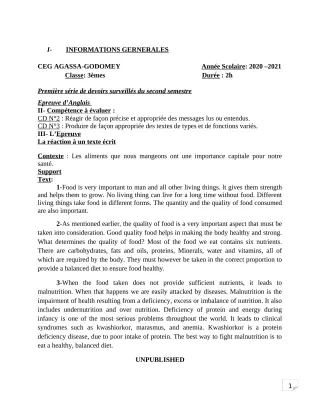 Première page de Anglais 3e, 3e ML — 1er devoir surveillé, 2e semestre (2020-2021) · CEG Agassa Godomey