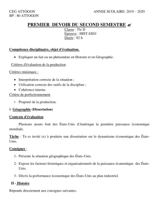 Première page de Histoire-Géographie Tle D — 1er devoir surveillé, 2e semestre (2019-2020) · CEG Attogon