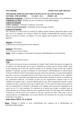 Première page de Philosophie Tle A2 — Devoir surveillé, 2e semestre (2020-2021) · CEG SEKERE