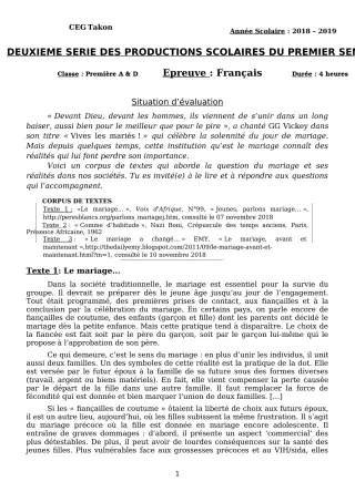 Première page de Français 1ère A2, 1ère D — 2e production scolaire (2018-2019) · CEG Takon