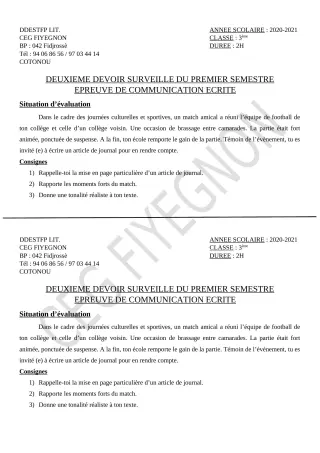 Première page de Français 3e, 3e ML — 2e devoir surveillé, 1er semestre (2020-2021) · CEG FIYEGNON