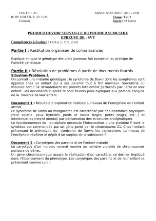 Première page de SVT Tle D — 1er devoir surveillé, 1er semestre (2019-2020) · CEG du Lac