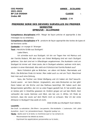 Première page de Allemand 2nde A2, 2nde B — 1er devoir surveillé, 1er semestre (2021-2022) · CEG PAHOU