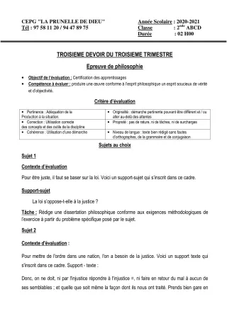 Première page de Philosophie 2nde B, 2nde D — 3e devoir surveillé, 3e trimestre (2020-2021) · CEPG La Prunelle de Dieu