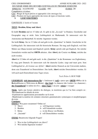 Première page de Allemand 4e, 3e ML, 2nde A1, 2nde A2, 2nde B, 1ère A1, 1ère A2, 1ère B, Tle A1, Tle A2, Tle B — 2e devoir surveillé, 1er semestre (2021-2022) · CEG 1 ZOGBODOMEY