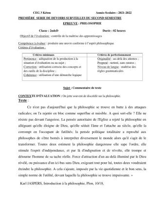 Première page de Philosophie 2nde A2, 2nde D — 1er devoir surveillé, 2e semestre (2021-2022) · CEG 3 Kétou