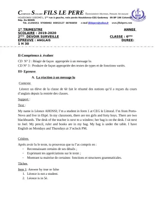 Première page de Anglais 6e — 2e devoir surveillé, 1er trimestre (2019-2020) · CPEG Fils-Le-Père