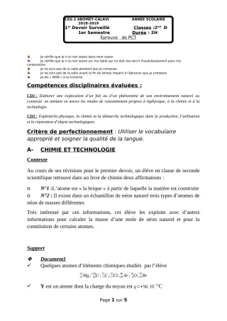 Première page de PCT 2nde C, 2nde D — 1er devoir surveillé, 1er semestre (2018-2019) · CEG2 ABOMEY - CALAVI (CEG ZOCA)
