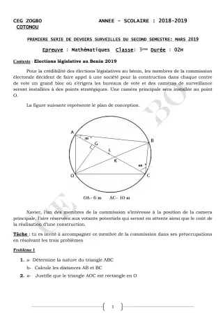 Première page de Mathématiques 3e, 3e ML — 1er devoir surveillé, 2e semestre (2018-2019) · CEG ZOGBO