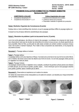 Première page de SVT 4e, 4e ML — 1re évaluation sommative, 1er semestre (2019-2020) · CEG3 ABOMEY CALAVI