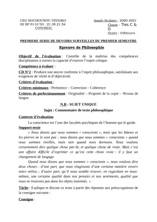 Première page de Philosophie Tle C, Tle D — 1er devoir surveillé, 1er semestre (2020-2021) · CEG Kouhounou-Vêdoko