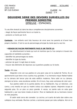 Première page de Espagnol 4e — 2e devoir surveillé, 1er semestre (2022-2023) · CEG PAHOU
