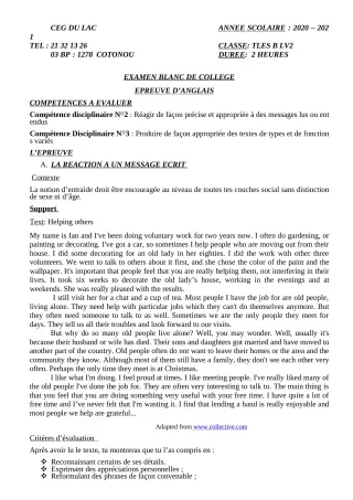 Première page de Examen Blanc de ANGLAIS — Tle B — CEG du Lac (2020)