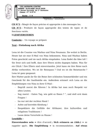 Première page de Allemand 2nde A1, 2nde A2, 2nde B — 1er devoir surveillé, 1er semestre (2019-2020) · CEG 1 Akpakpa-Centre