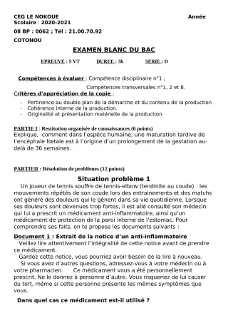 Première page de Examen Blanc de SVT — Tle D — CEG LE NOKOUE (2020)