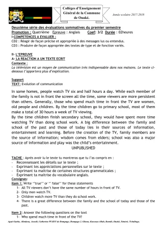 Première page de Anglais 4e, 4e ML — 2e évaluation sommative, 1er semestre (2017-2018) · CEG C.P de Dompago