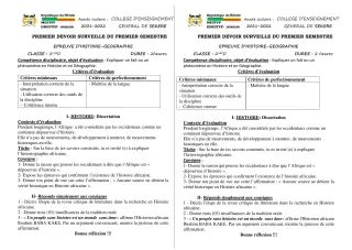 Première page de Histoire-Géographie 2nde D — 1er devoir surveillé, 1er semestre (2021-2022) · CEG SEKERE