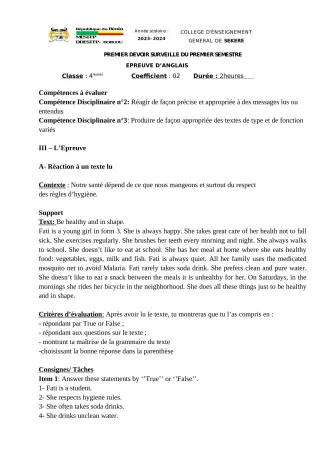 Première page de Anglais 4e — 1er devoir surveillé, 1er semestre (2023-2024) · CEG SEKERE