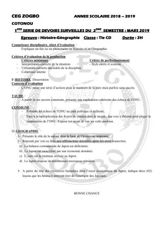 Première page de Histoire-Géographie Tle C, Tle D — 1er devoir surveillé, 2e semestre (2018-2019) · CEG ZOGBO