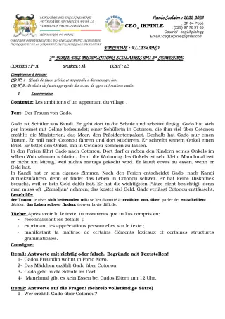 Première page de Allemand 1ère A — 1re production scolaire, 2e semestre (2022-2023) · CEG1 Ikpinlè