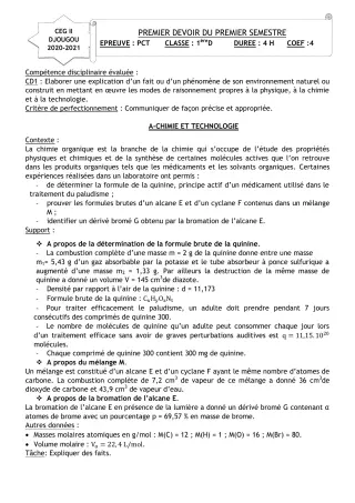 Première page de PCT 1ère D — 1er devoir surveillé, 1er semestre (2020-2021) · CEG 2 Djougou
