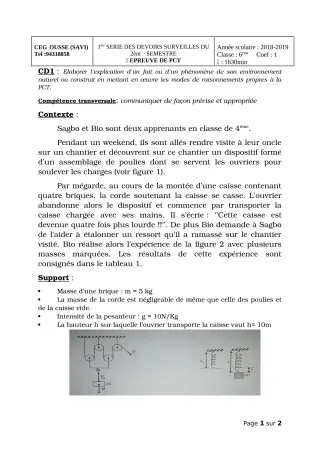 Première page de PCT 4e, 4e ML — 1er devoir surveillé (2018-2019) · Ceg OUESSE